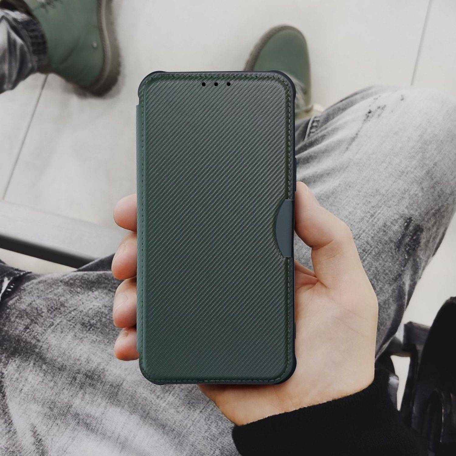 Handy Tasche "Razor" Buchtasche Hülle Magnet Carbon-Cover Kameraschutz kompatibel mit Xiaomi Redmi 9AT Grün