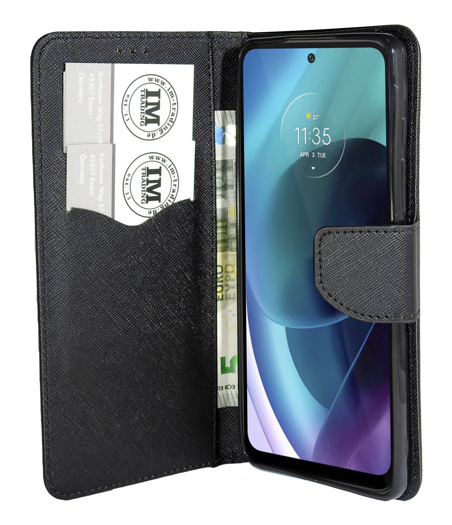 Buch Tasche "Fancy" kompatibel mit MOTOROLA MOTO G71 5G Handy Hülle Etui Brieftasche Schutzhülle mit Standfunktion, Kartenfach Schwarz