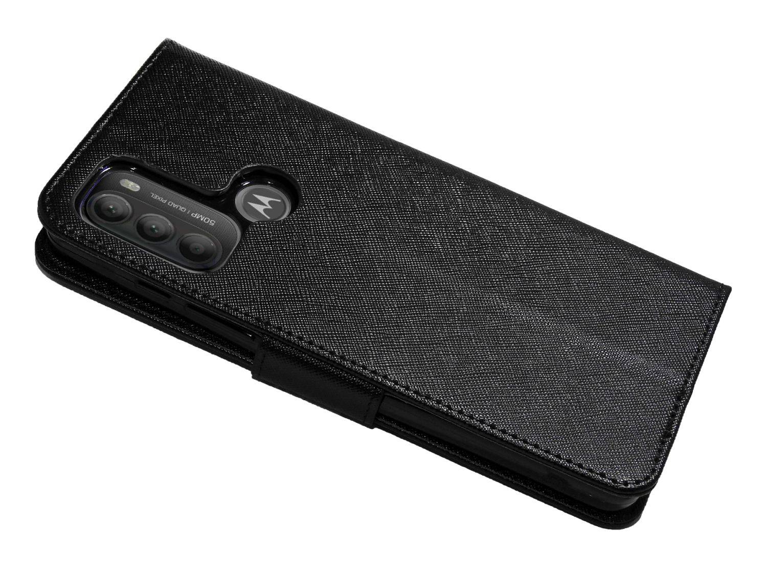 Buch Tasche "Fancy" kompatibel mit MOTOROLA MOTO G71 5G Handy Hülle Etui Brieftasche Schutzhülle mit Standfunktion, Kartenfach Schwarz