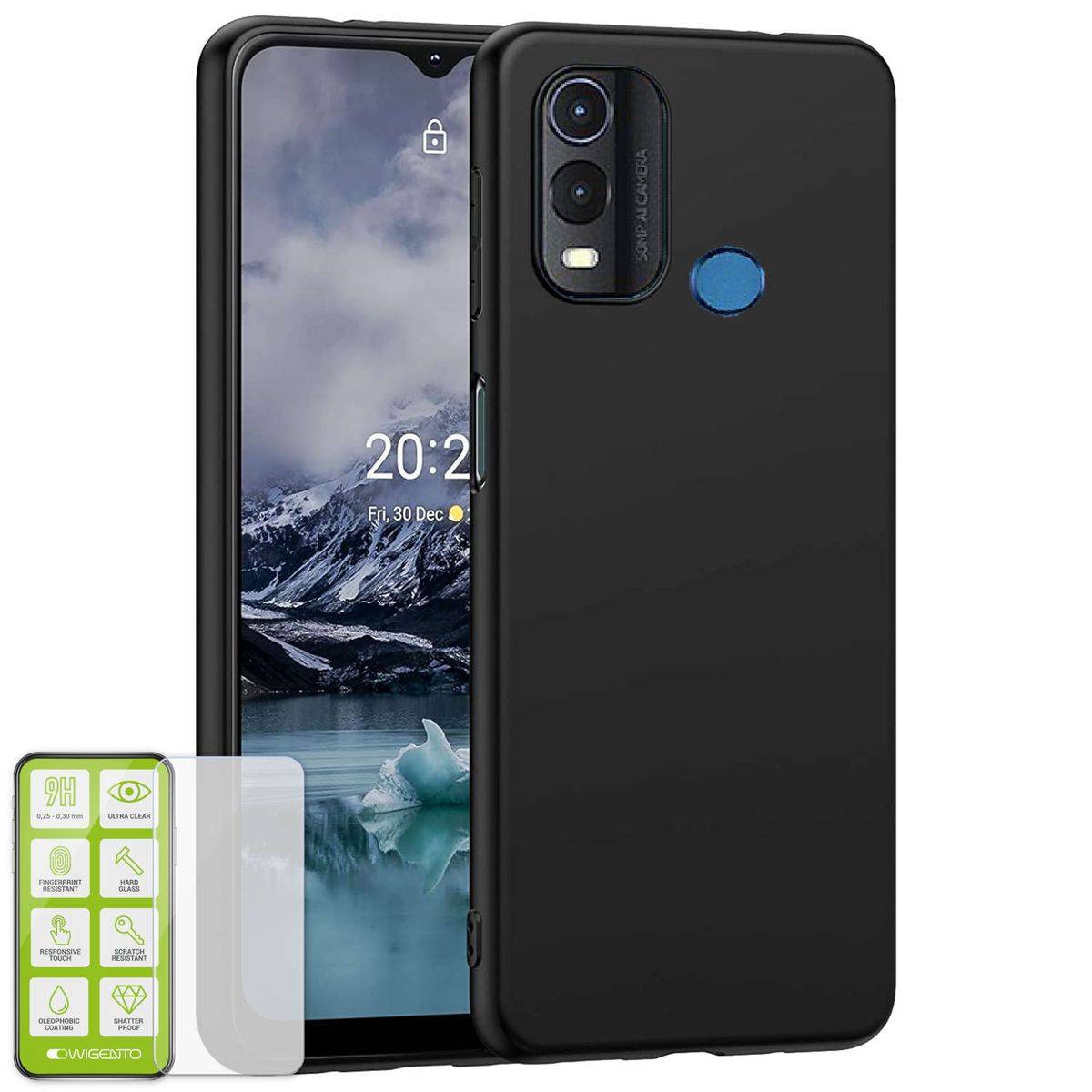 Für Nokia G11 Plus Silikoncase TPU Schwarz + 0,26 H9 Glas Handy Tasche Hülle Schutz Cover
