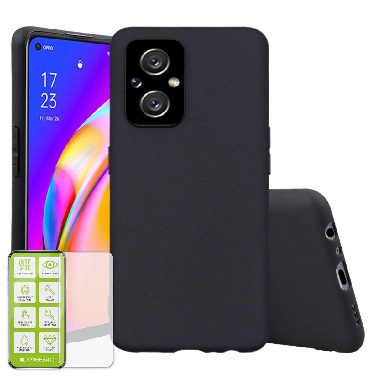 Für Oppo Reno 8 Lite Silikoncase TPU Schwarz + 0,26 H9 Glas Handy Tasche Hülle Schutz Cover