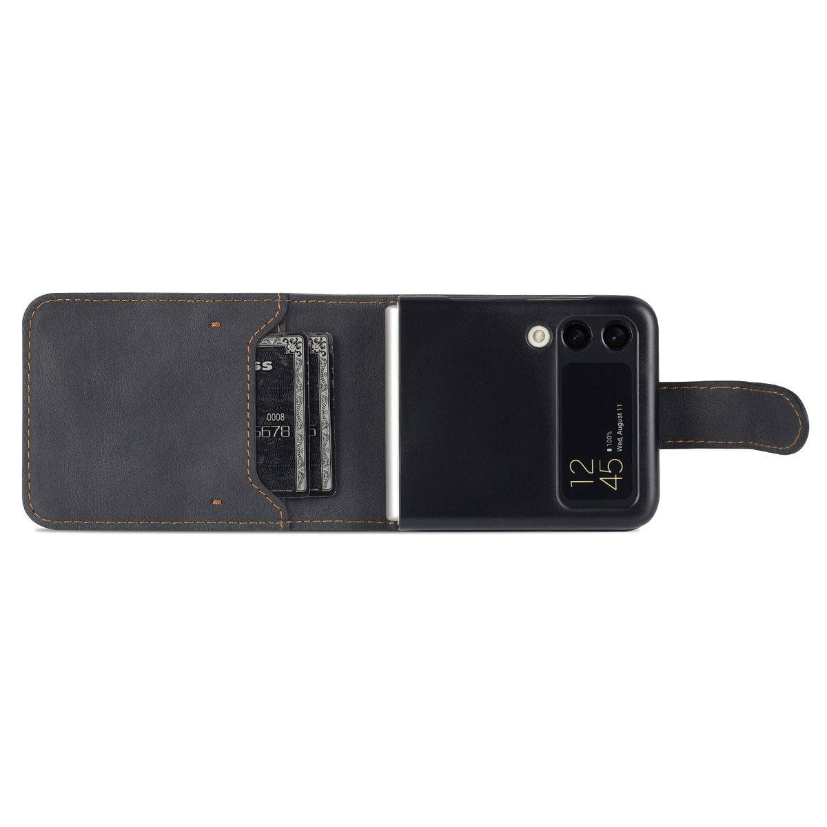 Für Samsung Galaxy Z Flip4 5G Kunstleder / Kunststoff Handy Tasche Hülle Etuis Schwarz