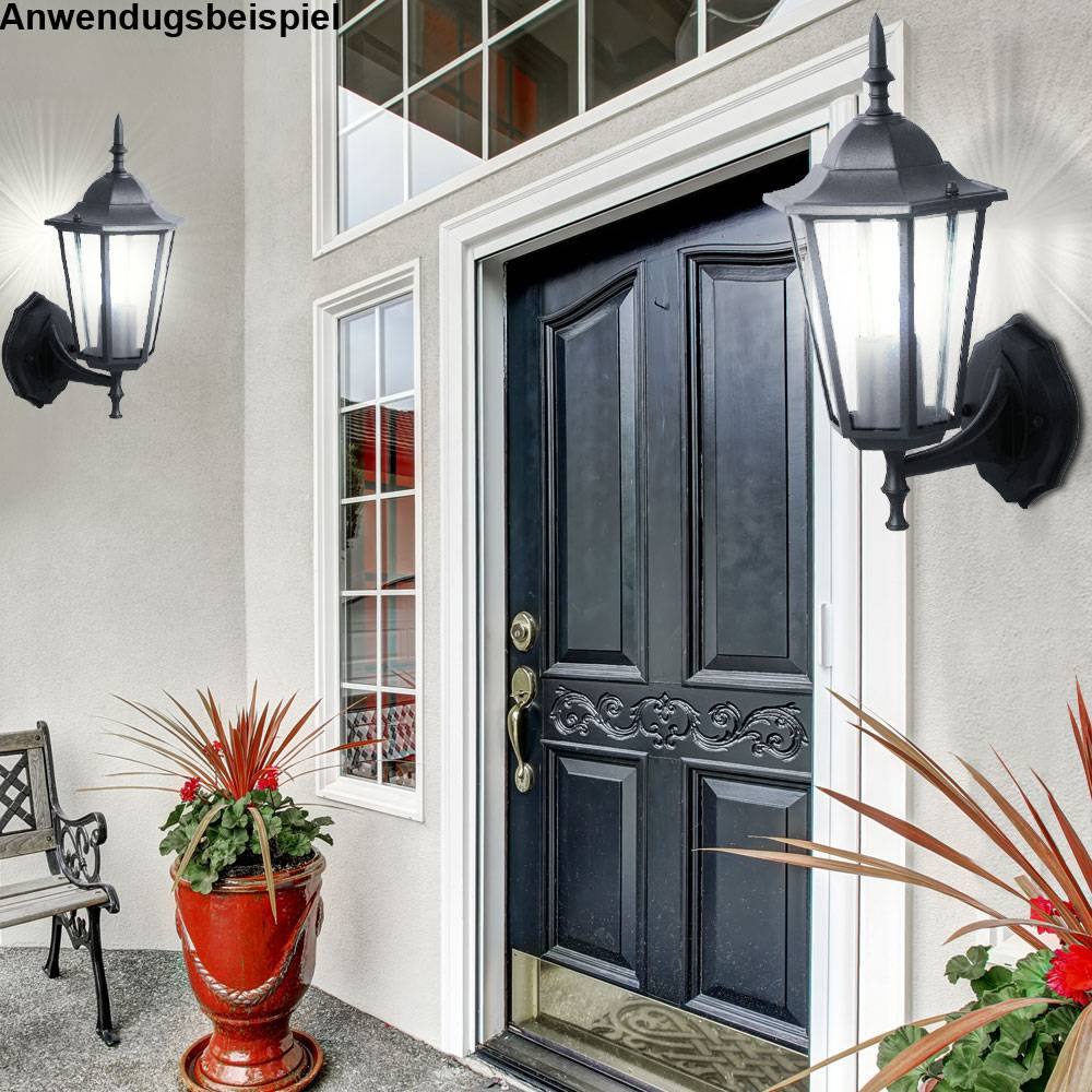 Wandleuchte Wandlampe Laterne Außenleuchte Terrassenleuchte Hauswand, IP44, schwarz Glas klar Antik, 1x E27 Fassung, BxHxT 17x36x20,8cm, 2er Set