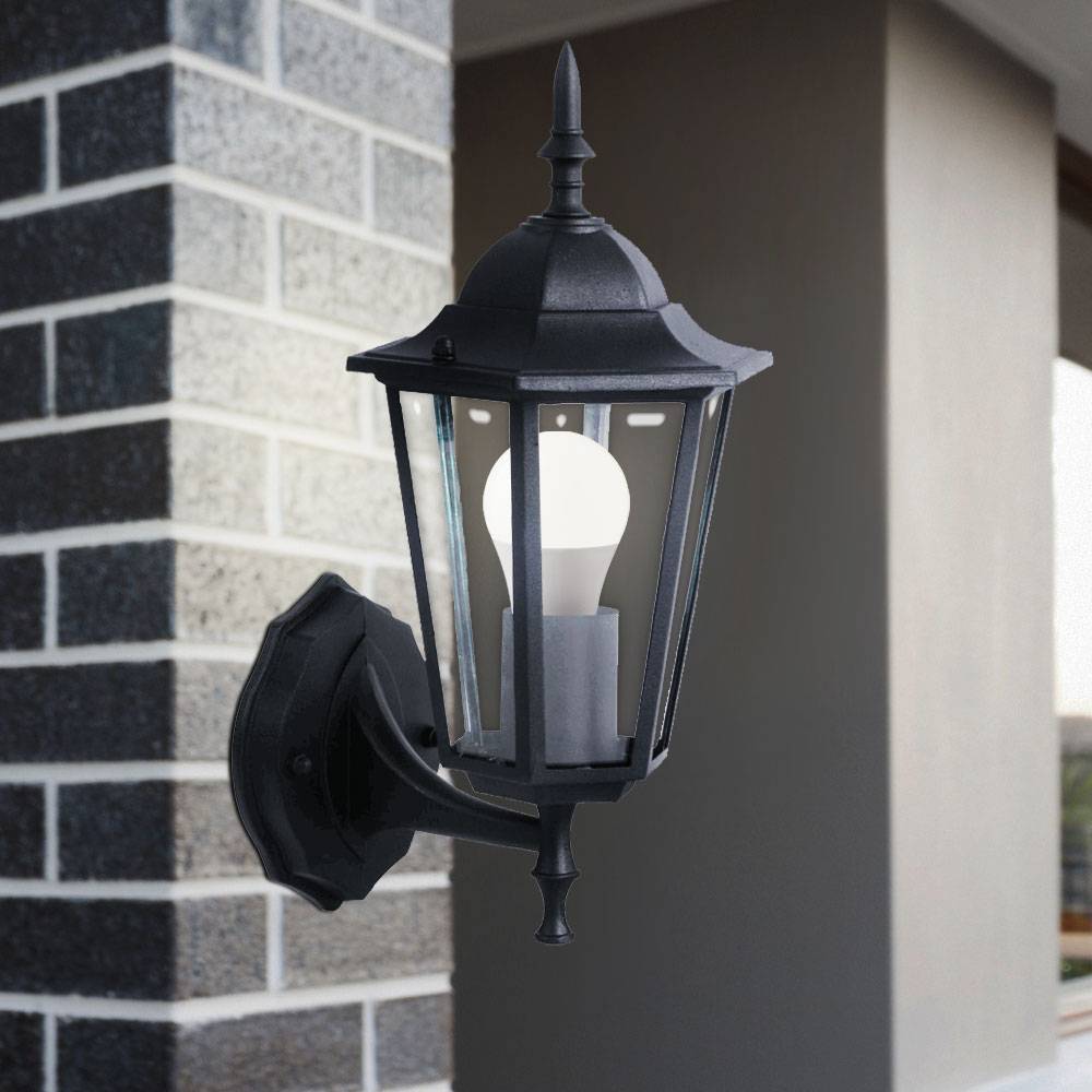 Wandleuchte Wandlampe Laterne Außenleuchte Terrassenleuchte Hauswand, IP44, schwarz Glas klar Antik, 1x E27 Fassung, BxHxT 17x36x20,8cm, 2er Set