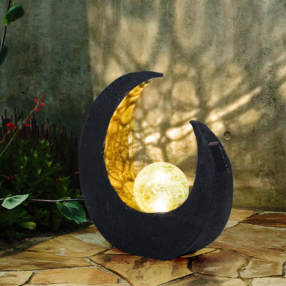 Gartendeko Solarlampen für Außen Outdoor Balkon Deko schwarz gold Mond Glaskugel, Kunststoff, 1x LED, LxBxH 29,4x9x30,5 cm