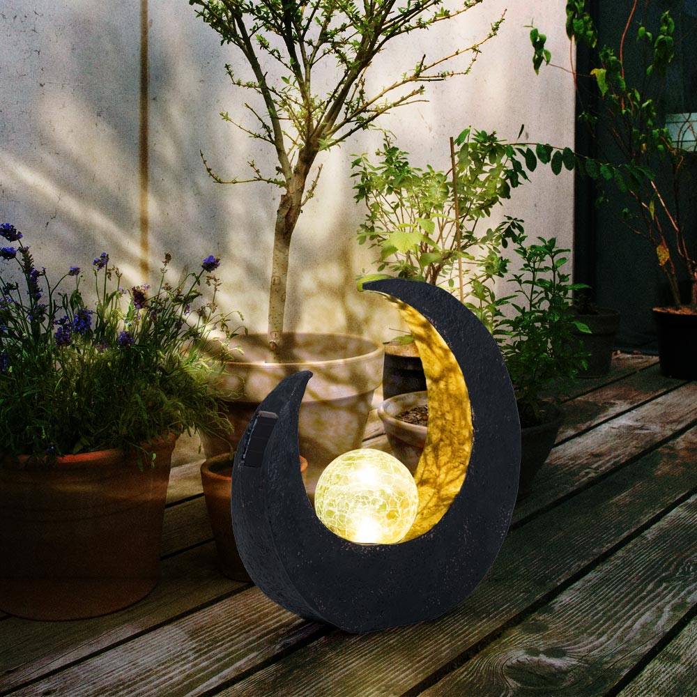 Gartendeko Solarlampen für Außen Outdoor Balkon Deko schwarz gold Mond Glaskugel, Kunststoff, 1x LED, LxBxH 29,4x9x30,5 cm