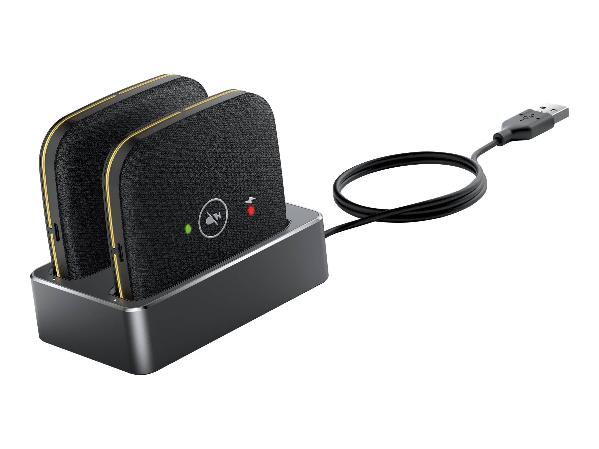 USB-Ladestation mit zwei schwarzen kabellosen Geräten und angeschlossenem USB-Kabel.