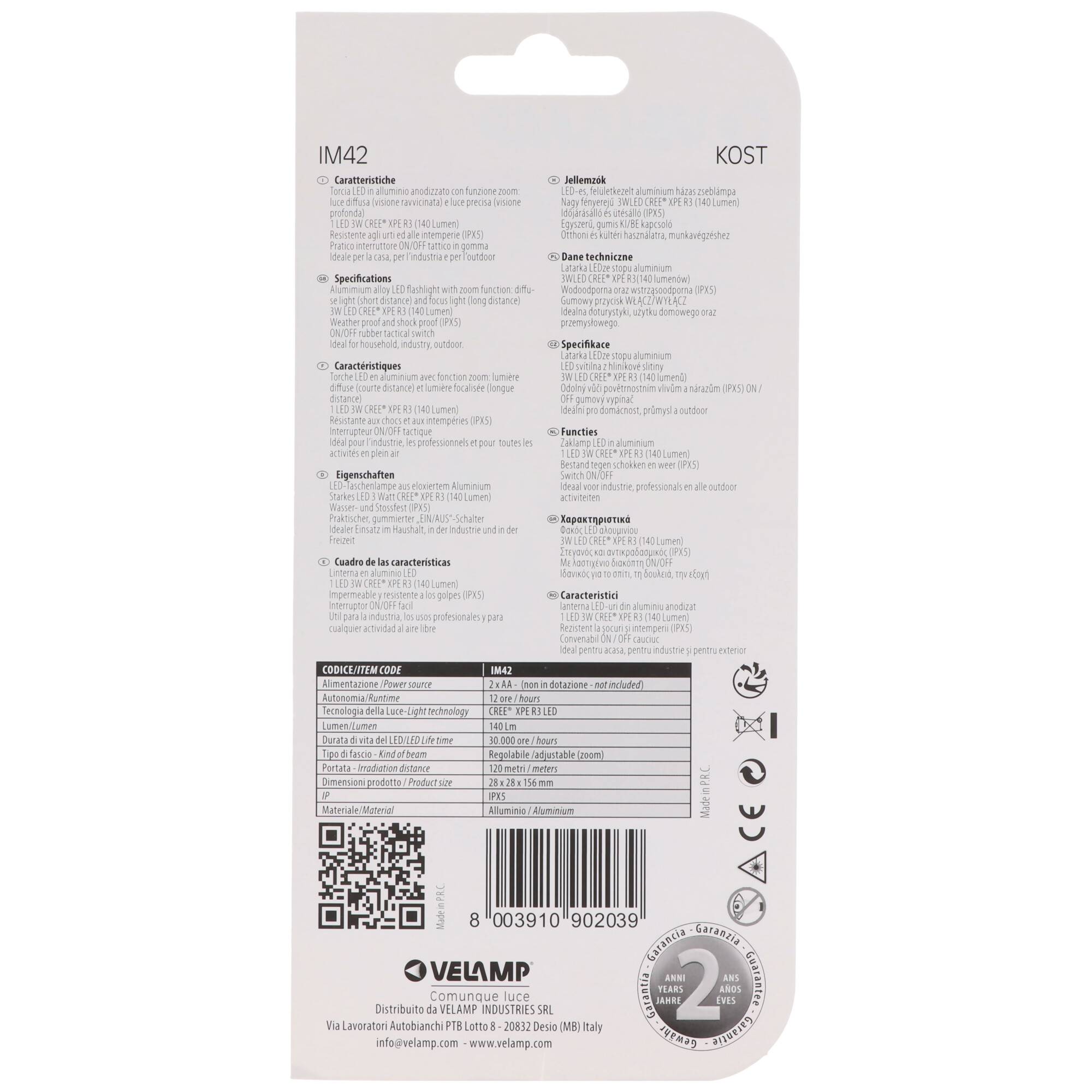 Velamp KOST, taktische Taschenlampe, CREE XPE-R3 LED, fokussierbar, extrem leicht, 140 Lumen, inklusive Batterien