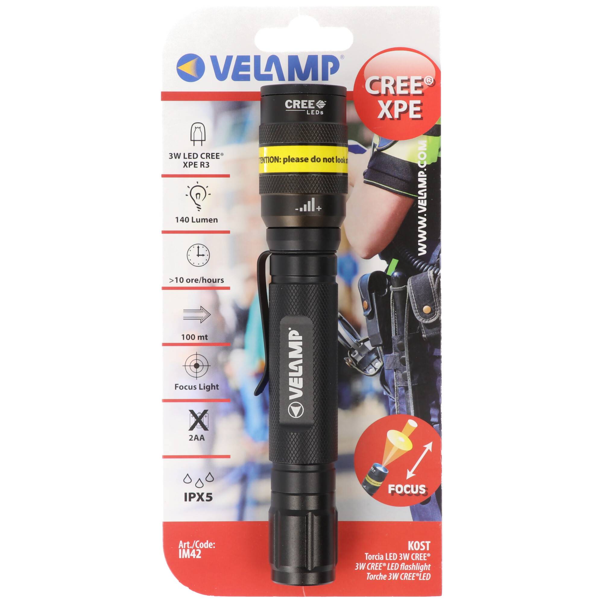 Velamp KOST, taktische Taschenlampe, CREE XPE-R3 LED, fokussierbar, extrem leicht, 140 Lumen, Lieferung ohne Batterien