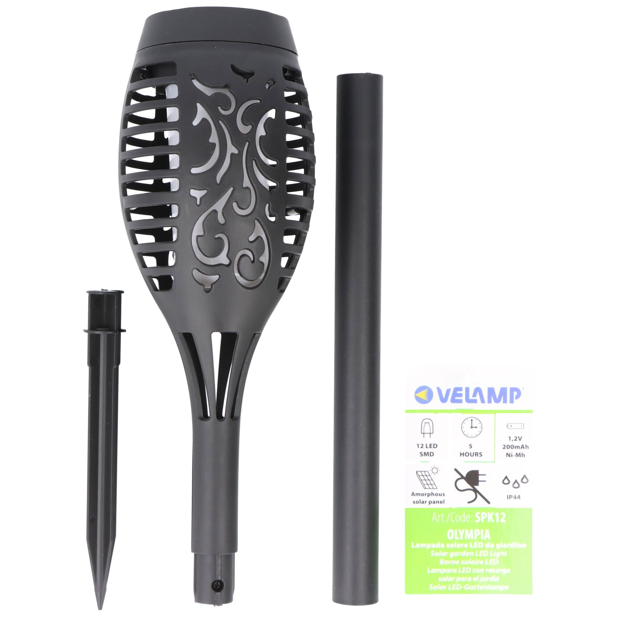 Velamp OLYMPIA, Solar-Gartenpfahl 51cm mit Flammen-Effekt, solarbetriebene LED-Leuchte