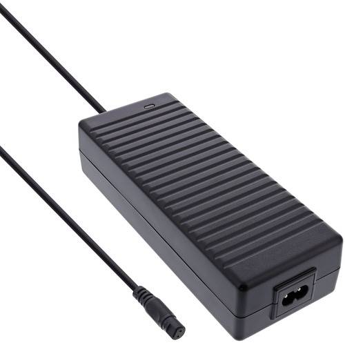 Ein schwarzer rechteckiger Stromadapter mit gerippter Oberfläche, ausgestattet mit einem Stromkabel und Stecker.