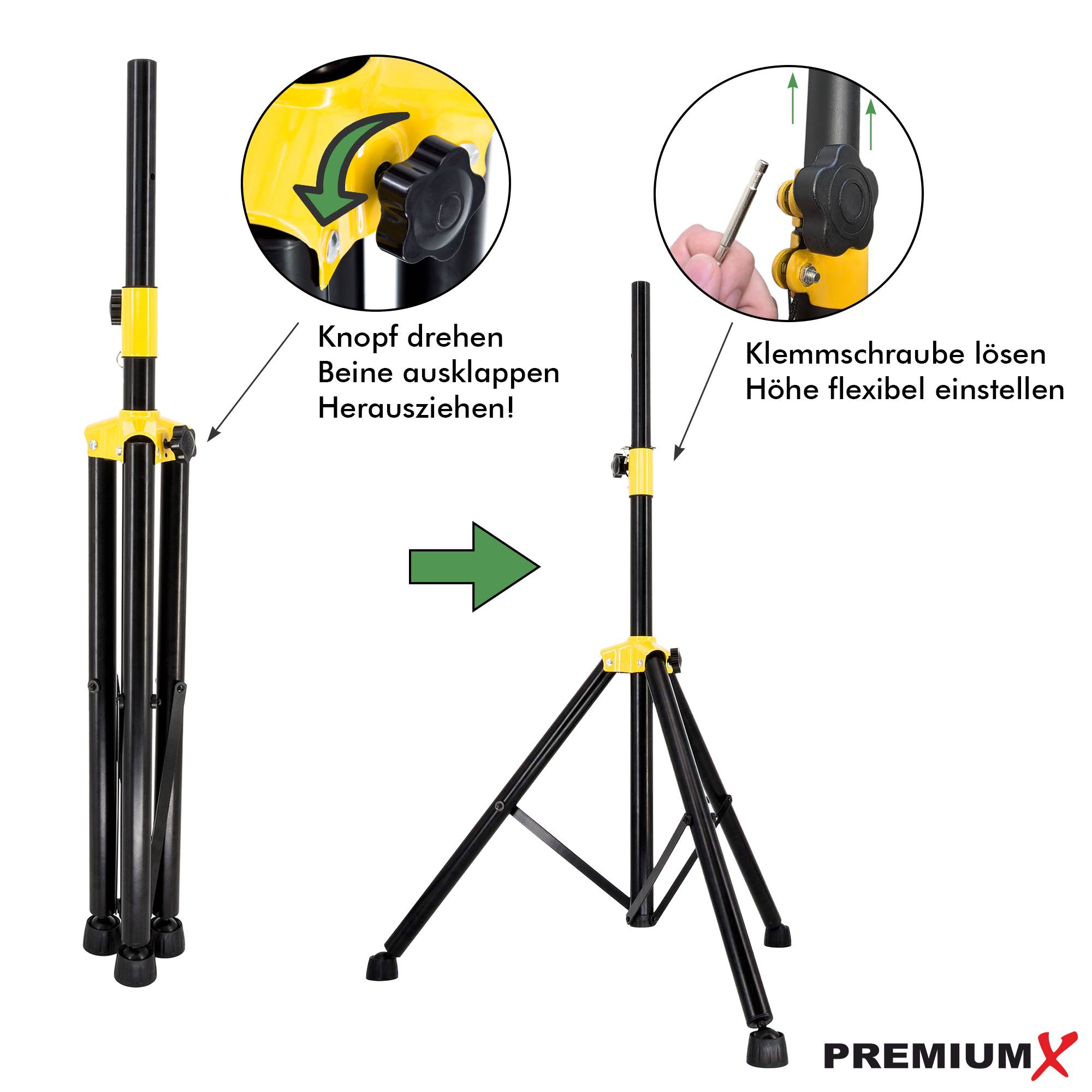 PremiumX Lautsprecher Stativ – Stabiler Dreibein Boxenständer höhenverstellbar aus robustem Stahl mit anpassbaren Stellfüßen