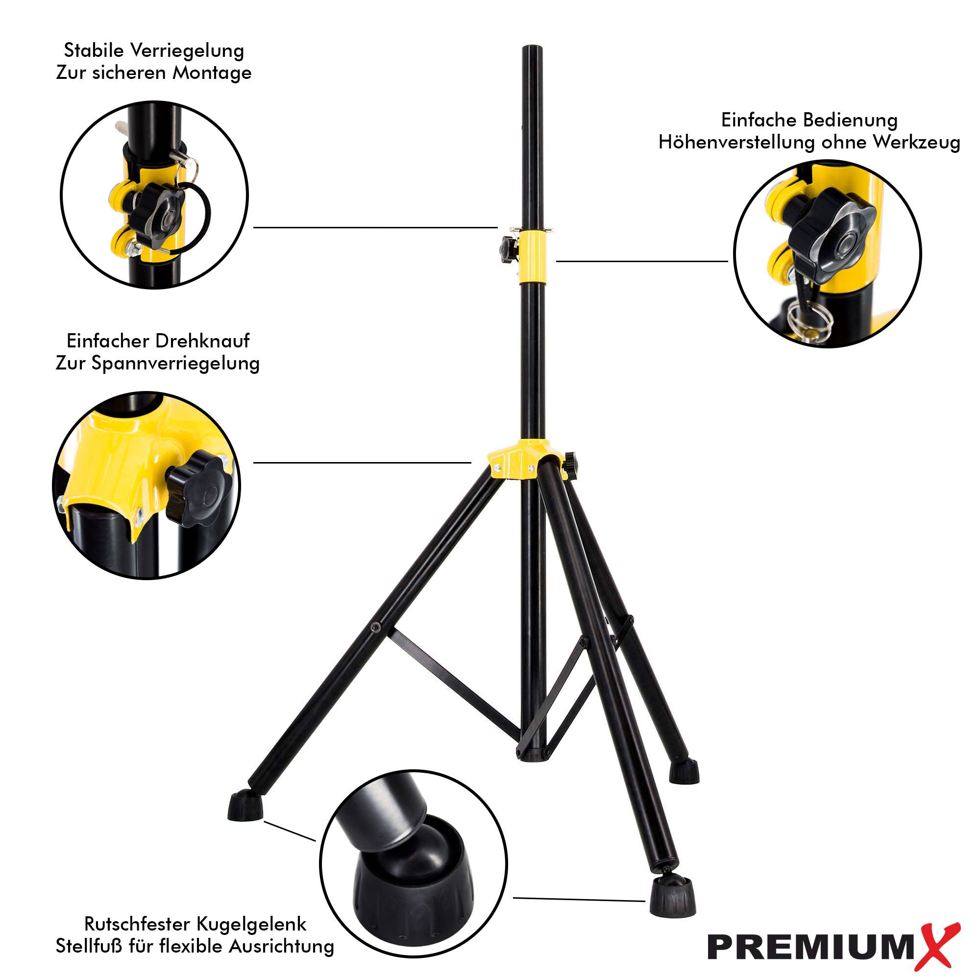 PremiumX Lautsprecher Stativ – Stabiler Dreibein Boxenständer höhenverstellbar aus robustem Stahl mit anpassbaren Stellfüßen