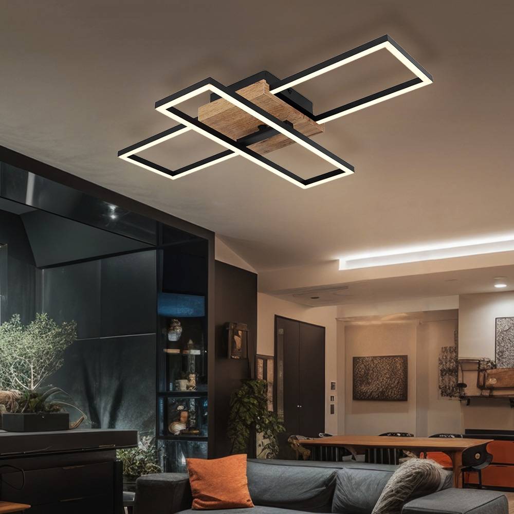 Deckenlampe LED Deckenleuchte Flur Holzoptik Wohnzimmerlampe zum verstellen, 1 Rechteck, Metall schwarz braun, 1x LED 18 W 1300 lm 3000 K, LxH