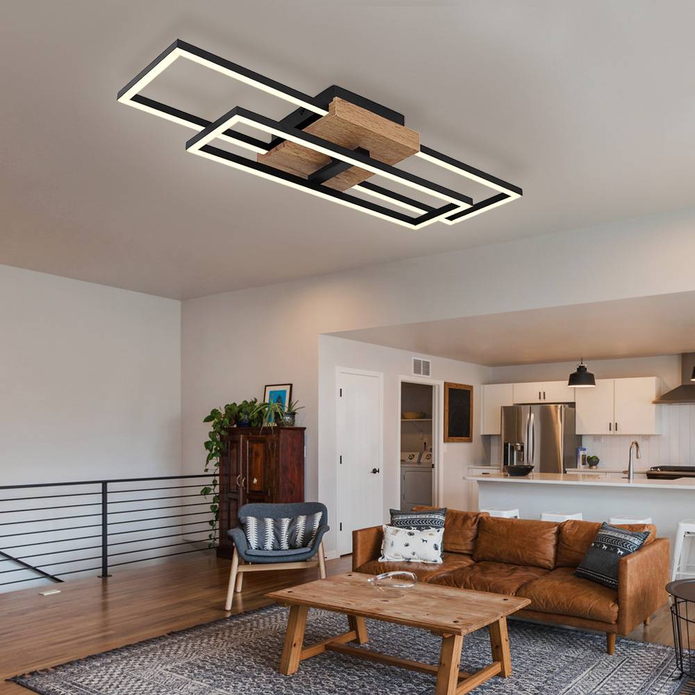 Deckenlampe LED Deckenleuchte Flur Holzoptik Wohnzimmerlampe zum verstellen, 1 Rechteck, Metall schwarz braun, 1x LED 18 W 1300 lm 3000 K, LxH