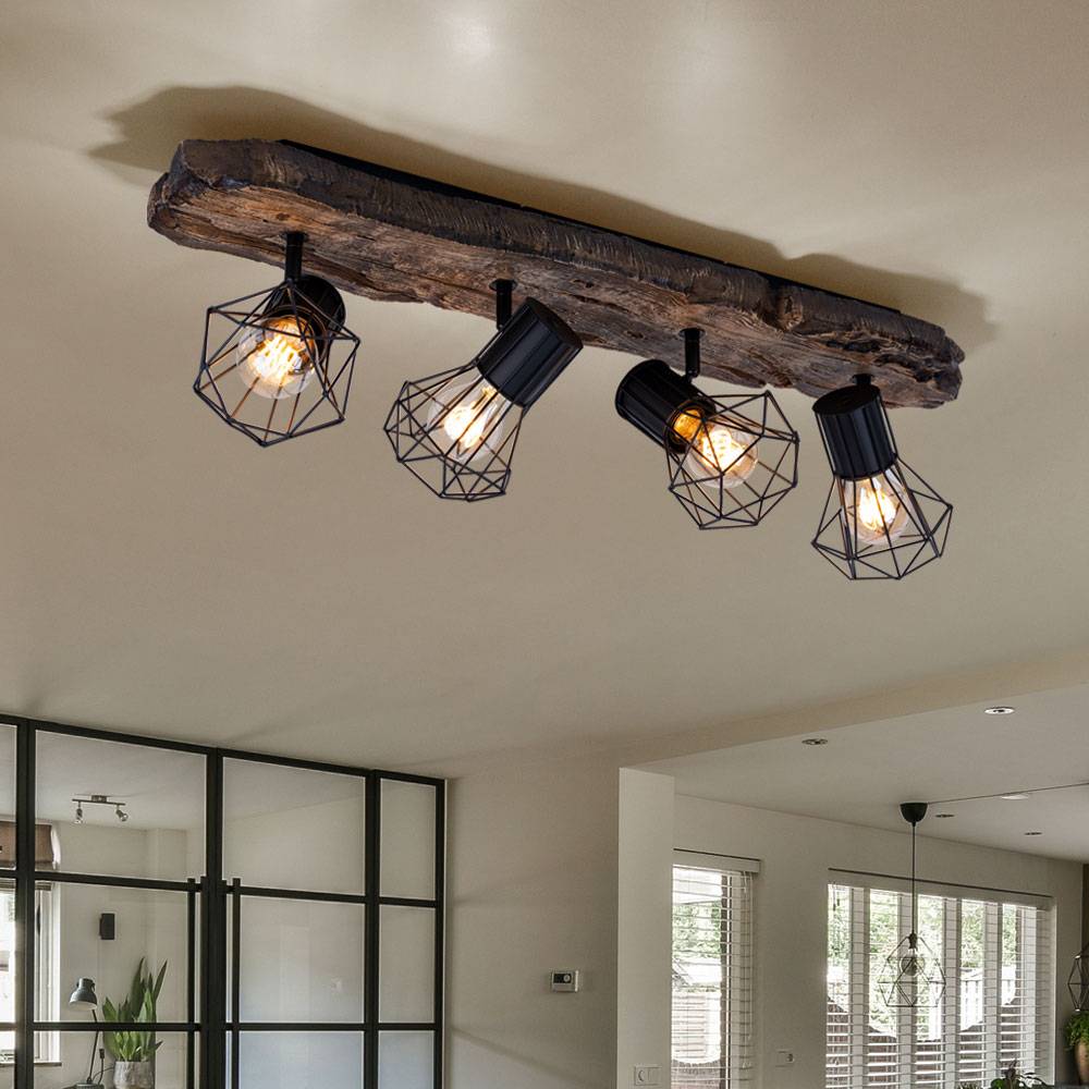 Landhaus Deckenleuchte braun schwarz Deckenstrahler 4 Flammig Holzoptik Deckenlampe Schlafzimmer Metall, Gitter Schirme, 4x E27, LxBxH 78x15x24 cm