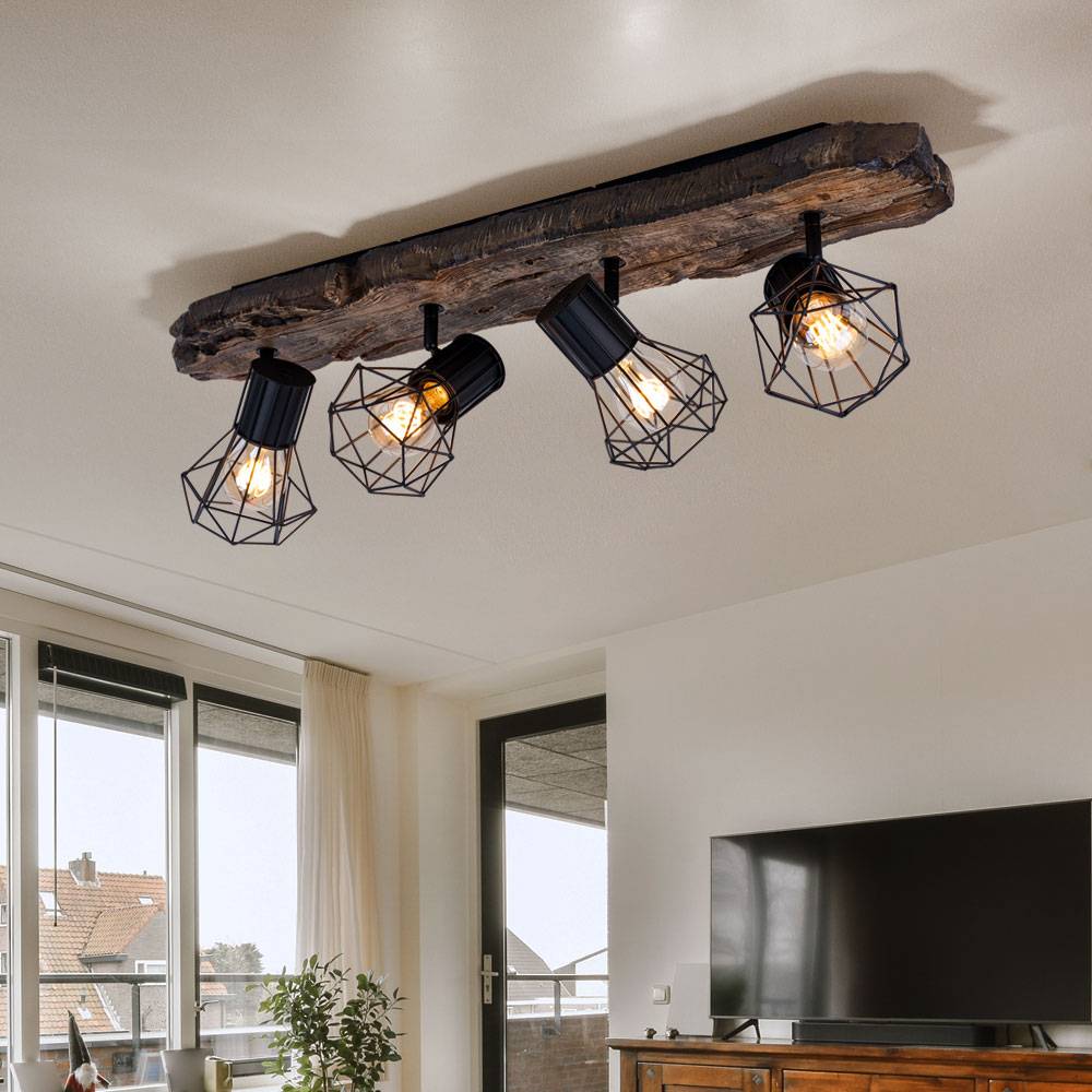 Landhaus Deckenleuchte braun schwarz Deckenstrahler 4 Flammig Holzoptik Deckenlampe Schlafzimmer Metall, Gitter Schirme, 4x E27, LxBxH 78x15x24 cm
