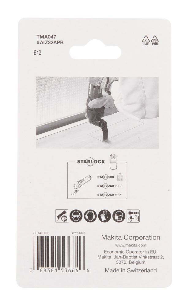 Makita STARLOCK Zubehörpaket mit Produktfoto, Kompatibilitätssymbolen, Barcode und Modellnummern TMA047 und AIZ32APB.