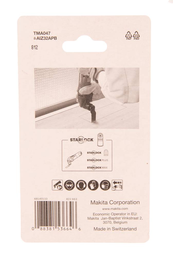 Makita Akku-Nagler-Set-Paketaufkleber mit Produktfoto, Modell TMA047, Barcode und Makita Corporation-Branding.