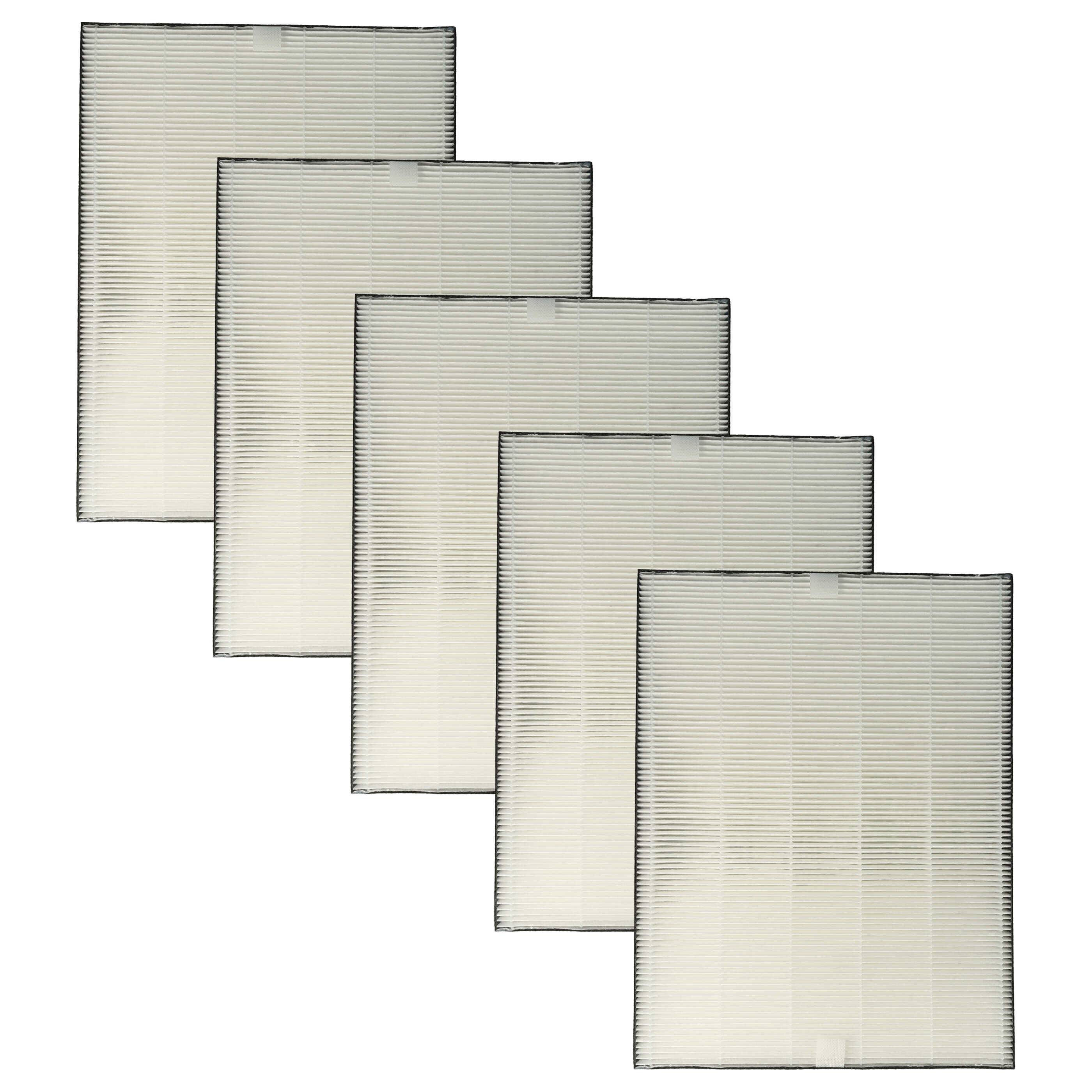 Fünf identische, rechteckige Luftfilter in gestaffelter Anordnung, die ihr Faltendesign zeigen.