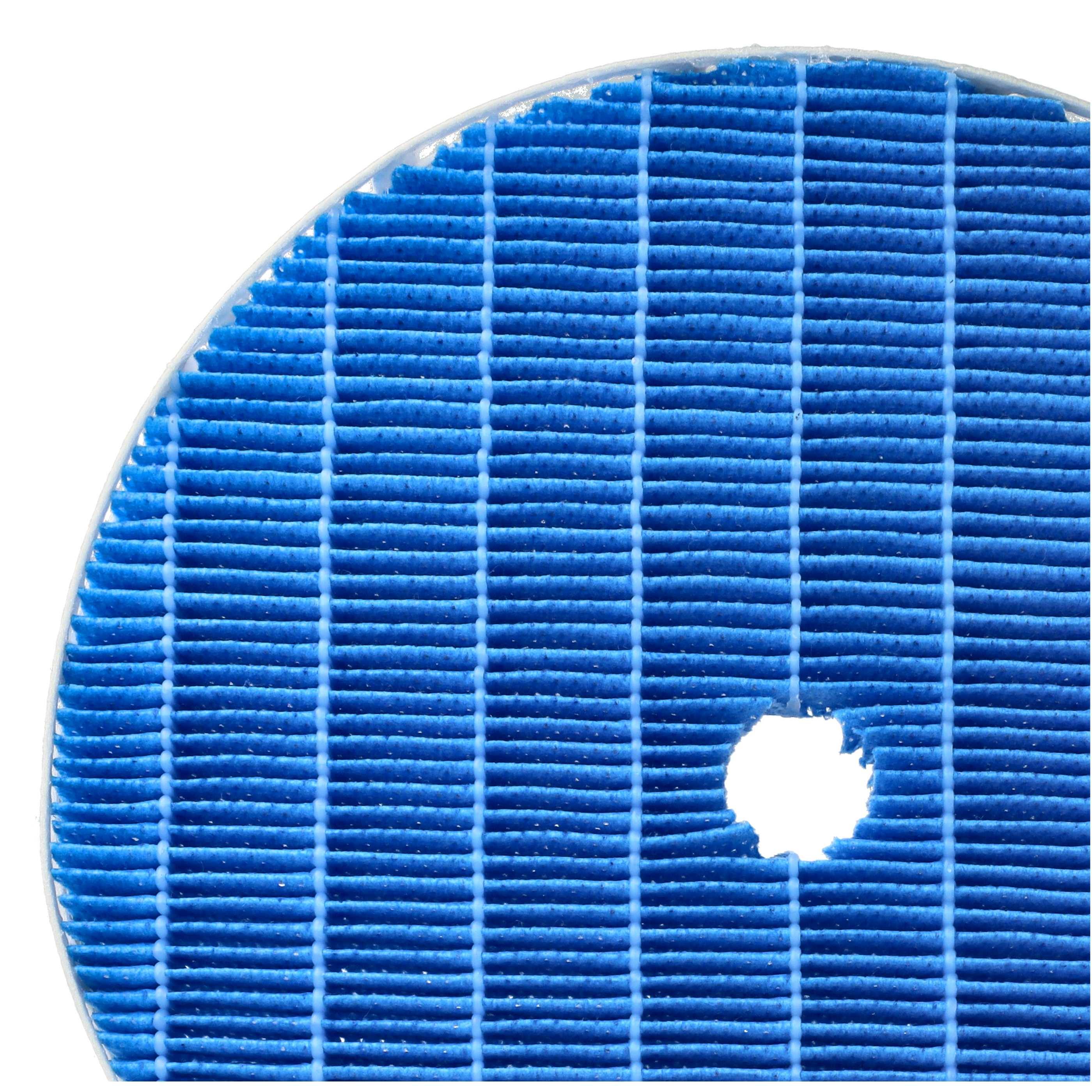 Nahaufnahme eines blauen gefalteten kreisförmigen Filters oder Maschengewebes mit einem kleinen zerrissenen Loch in der Nähe der unteren rechten Seite.