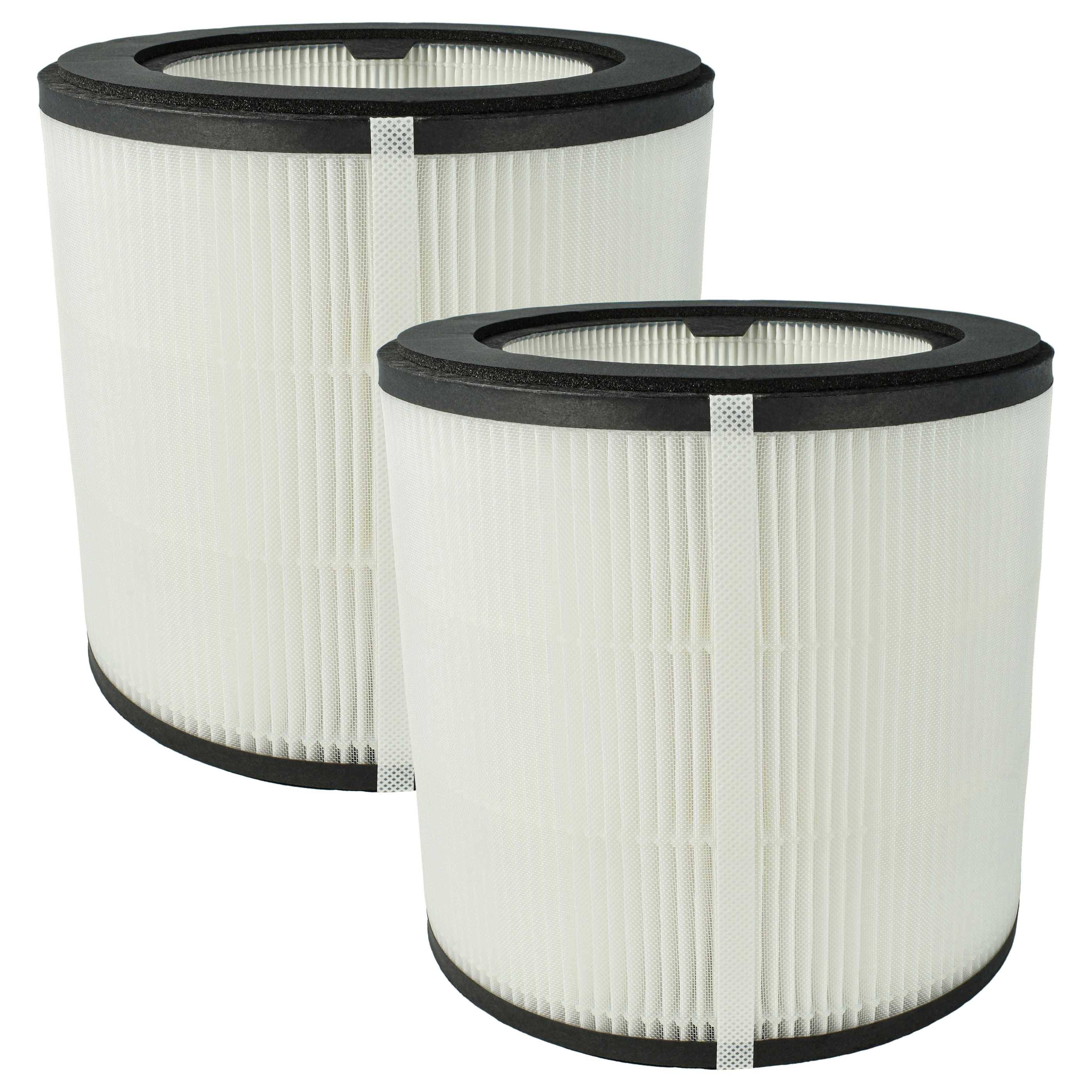 Zwei zylindrische Luftfilter mit weißen gefalteten Oberflächen und schwarzen Rändern werden nebeneinander gezeigt.