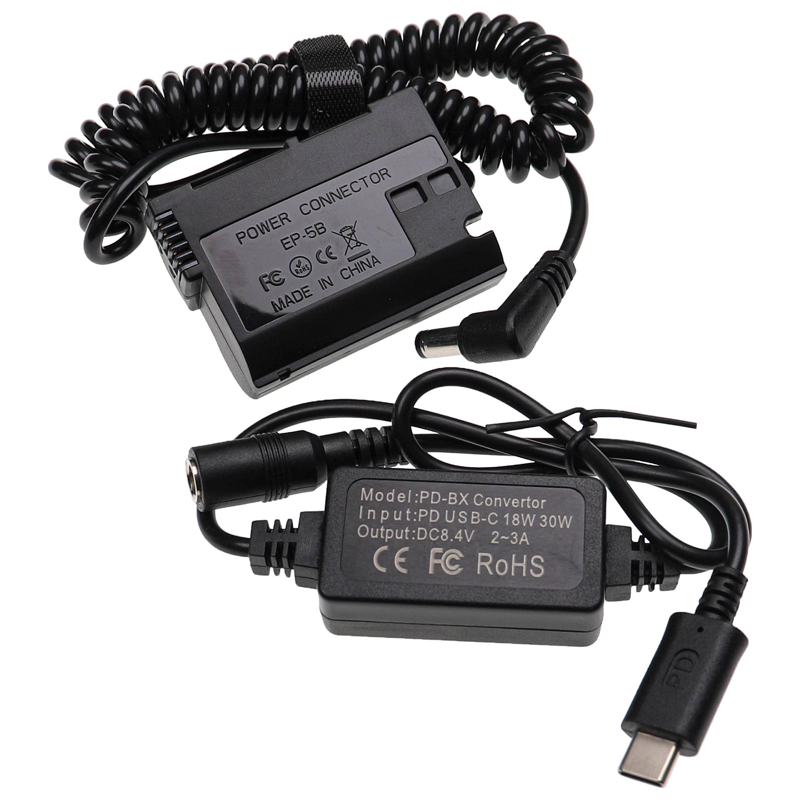 vhbw USB Netzteil kompatibel mit Nikon D8000, D800E, D810 Kamera, Digitalkamera + DC Kuppler (Ersatz für EP-5B), 2m, Spiralkabel