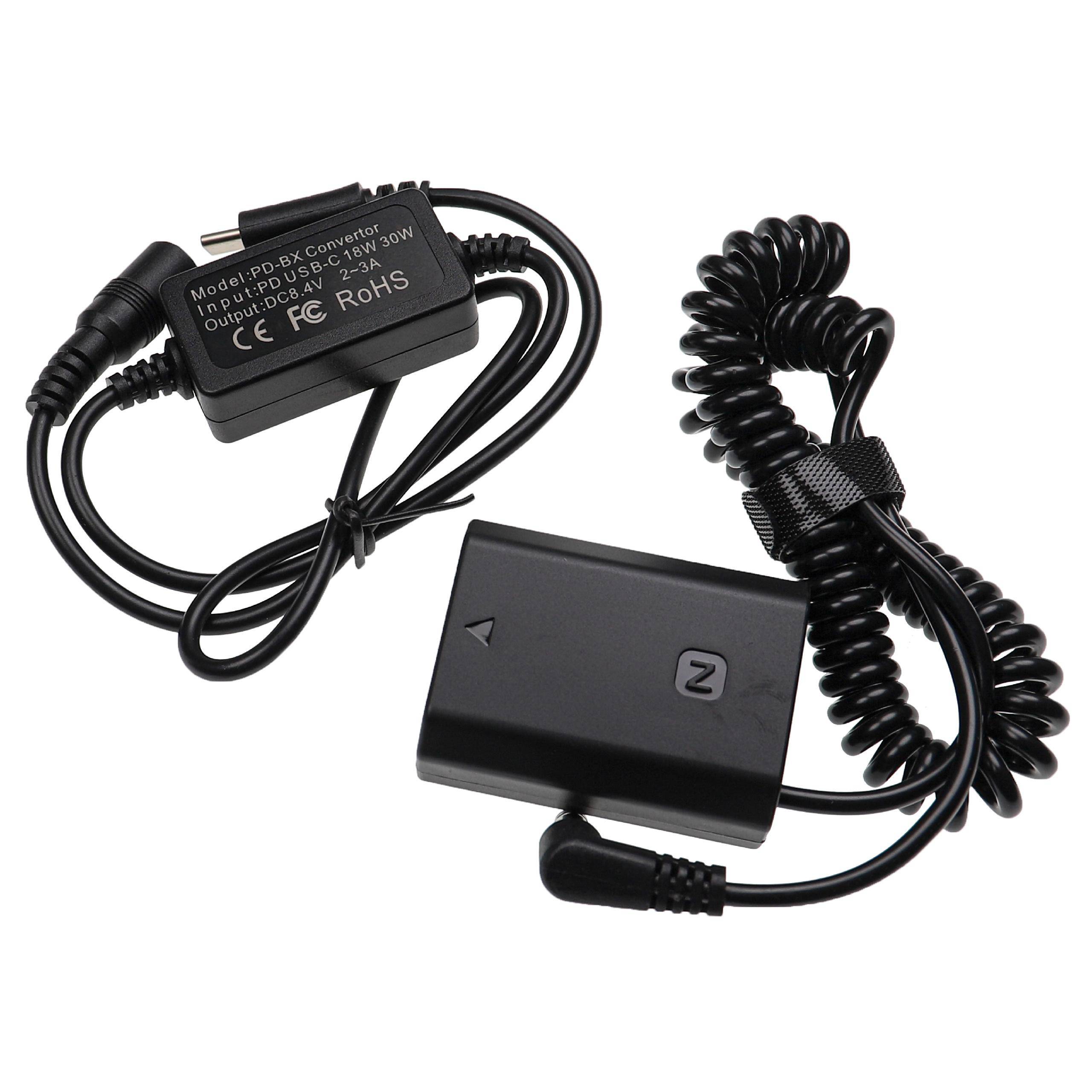 vhbw USB Netzteil kompatibel mit Sony Alpha 7R III, 7 Mark 3 Kamera, Digitalkamera + DC Kuppler (Ersatz für Sony), 2m, Spiralkabel