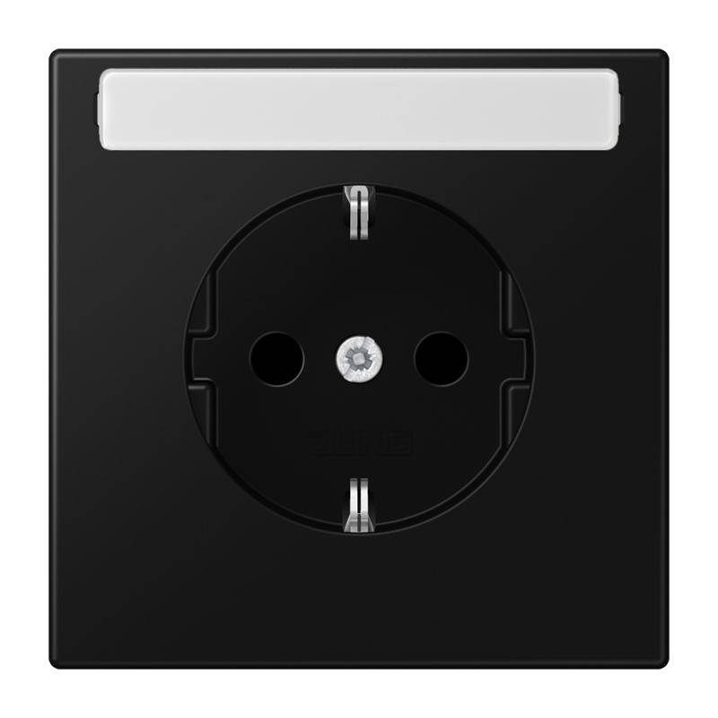 Schwarze Wandsteckdosenpanel mit rundem Stecker und weißer Schalterleiste oben.