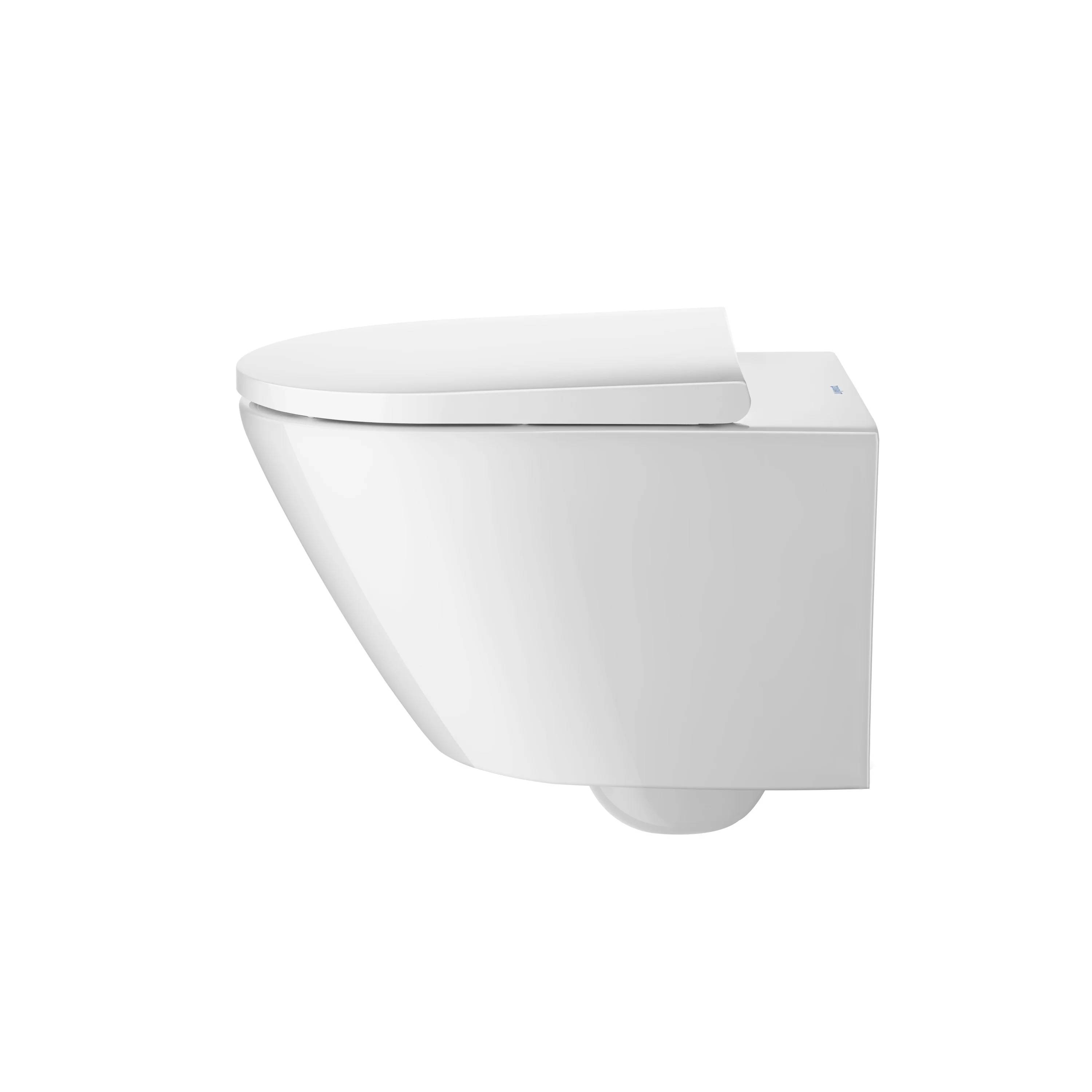 Modernes weiß wandhängendes Toilettenbecken mit geschlossenem Deckel, gezeigt in Seitenansicht auf weißem Hintergrund.
