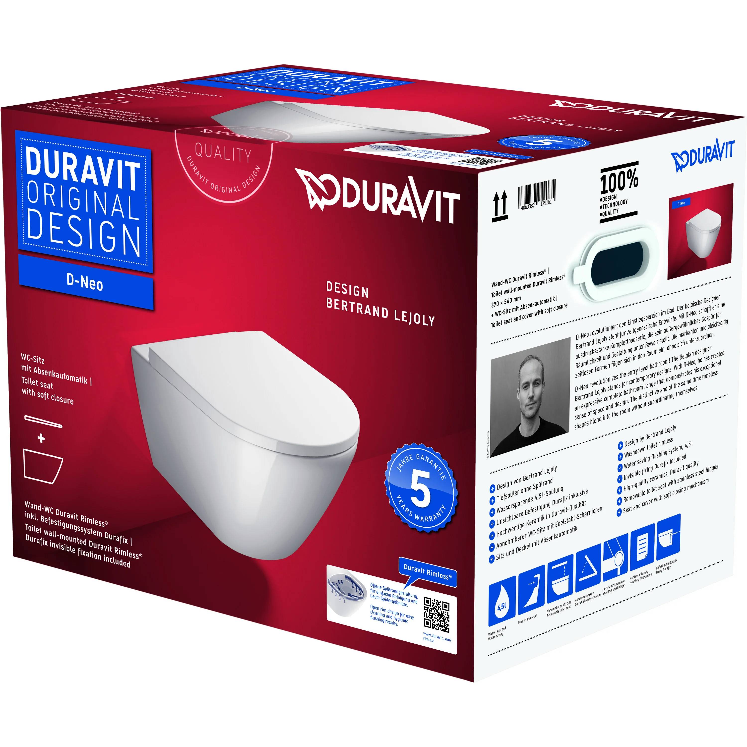 Duravit D-Neo Toiletten-Produktbox-Verpackung, die eine weiße hängende Toilette, Branding, Qualitätssiegel, Produktdetails und Installationssymbole zeigt.
