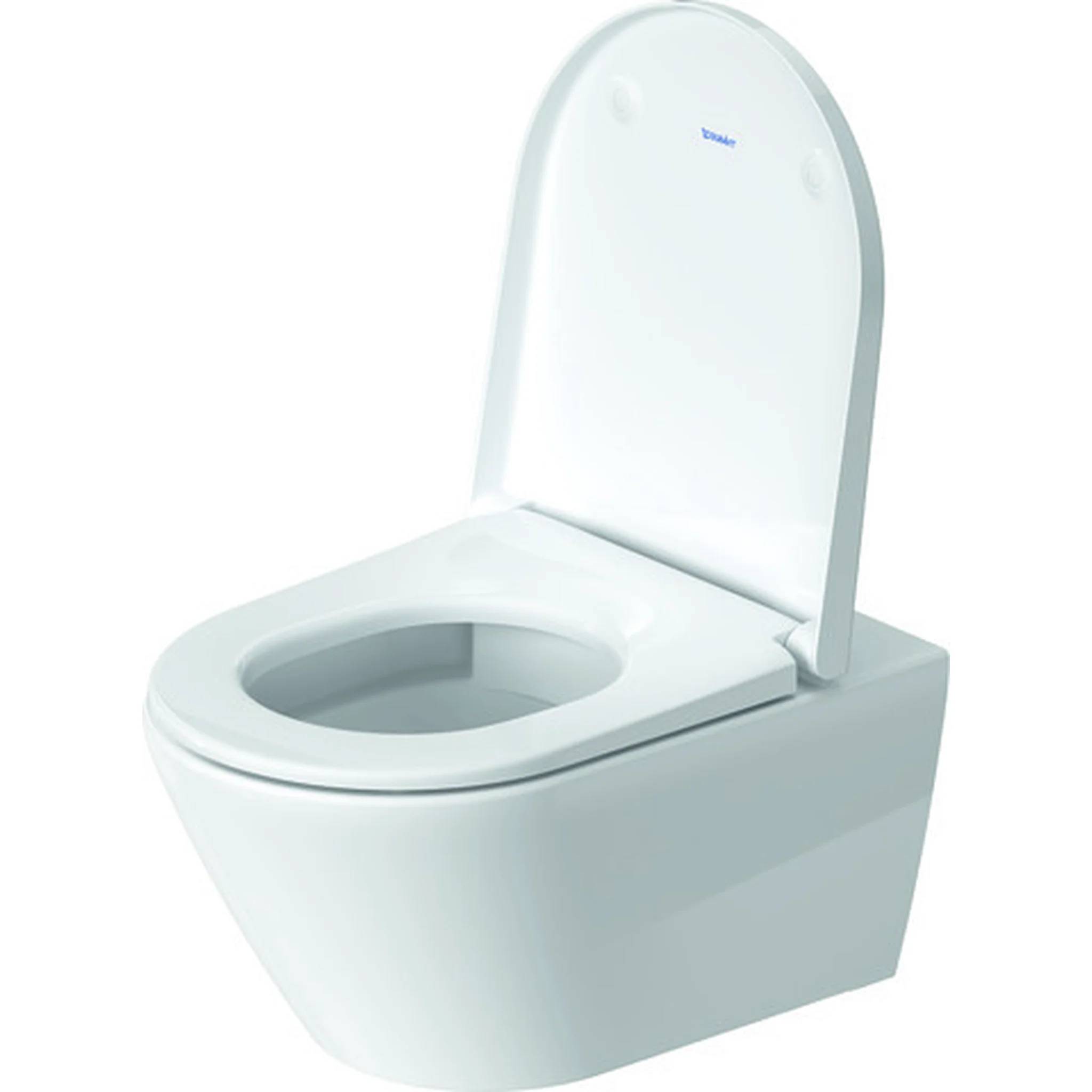 Weiße moderne an der Wand montierte Toilette mit offener Brille auf einfachem Hintergrund.