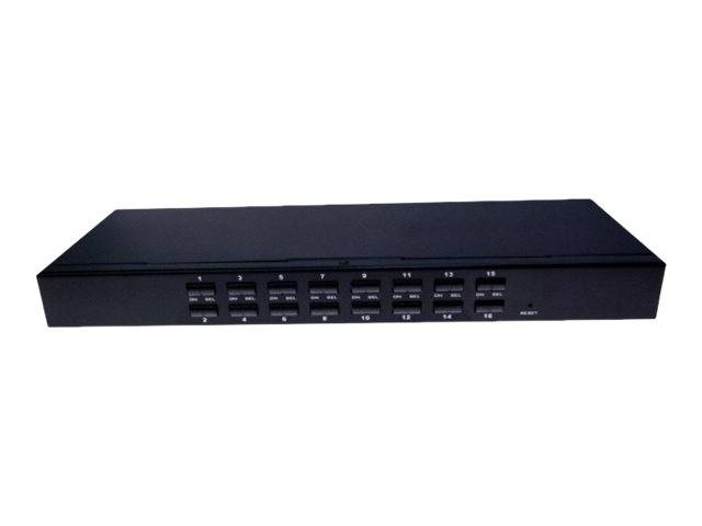 Schwarzer 16-Port-KVM-Switch mit nummerierten Tasten und einer Rücksetztaste an der Frontplatte.