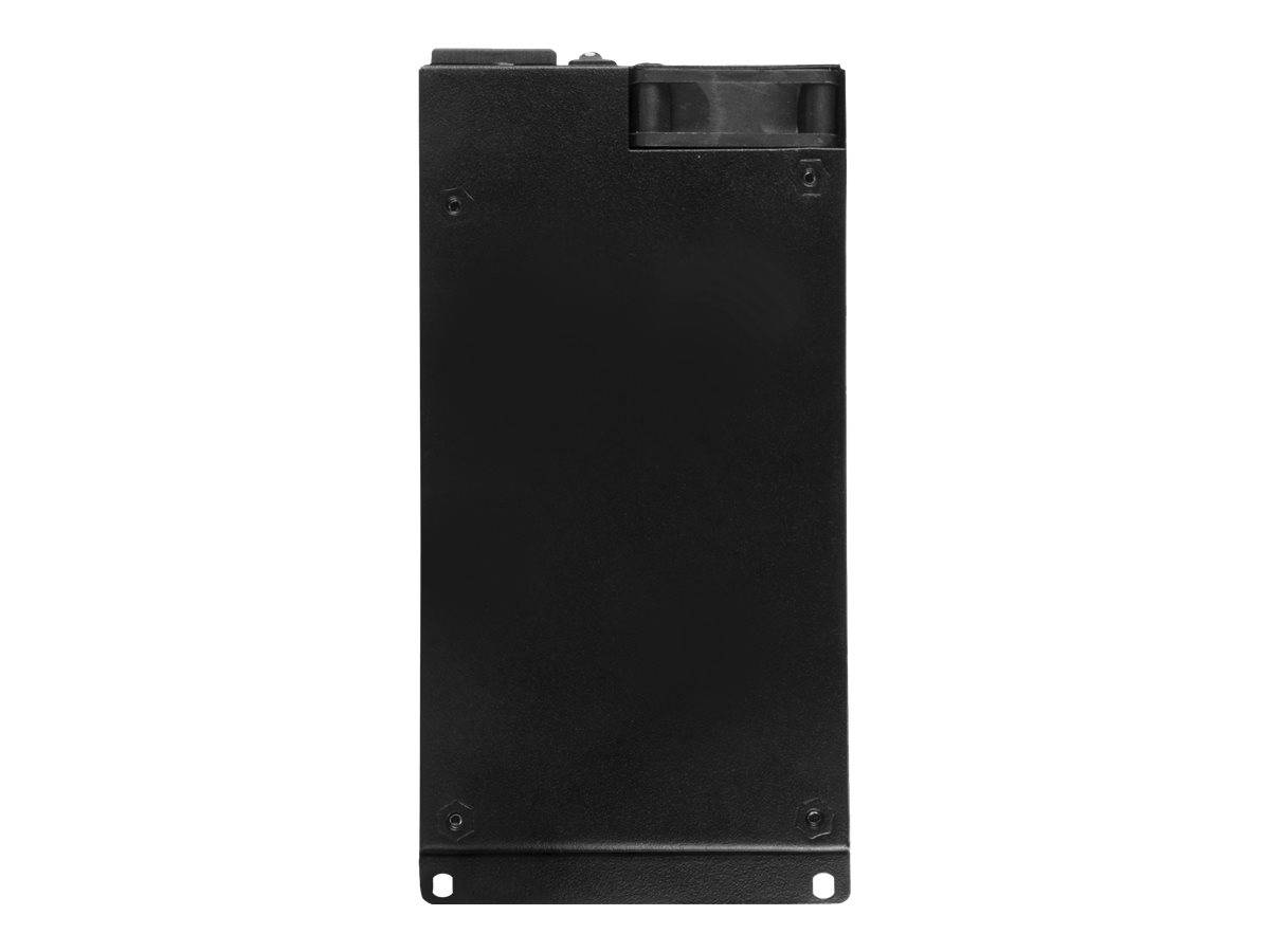 Schwarzes rechteckiges elektronisches Gerät oder Akkupack mit vier Schrauben in den Ecken und zwei Befestigungslöchern am unteren Ende