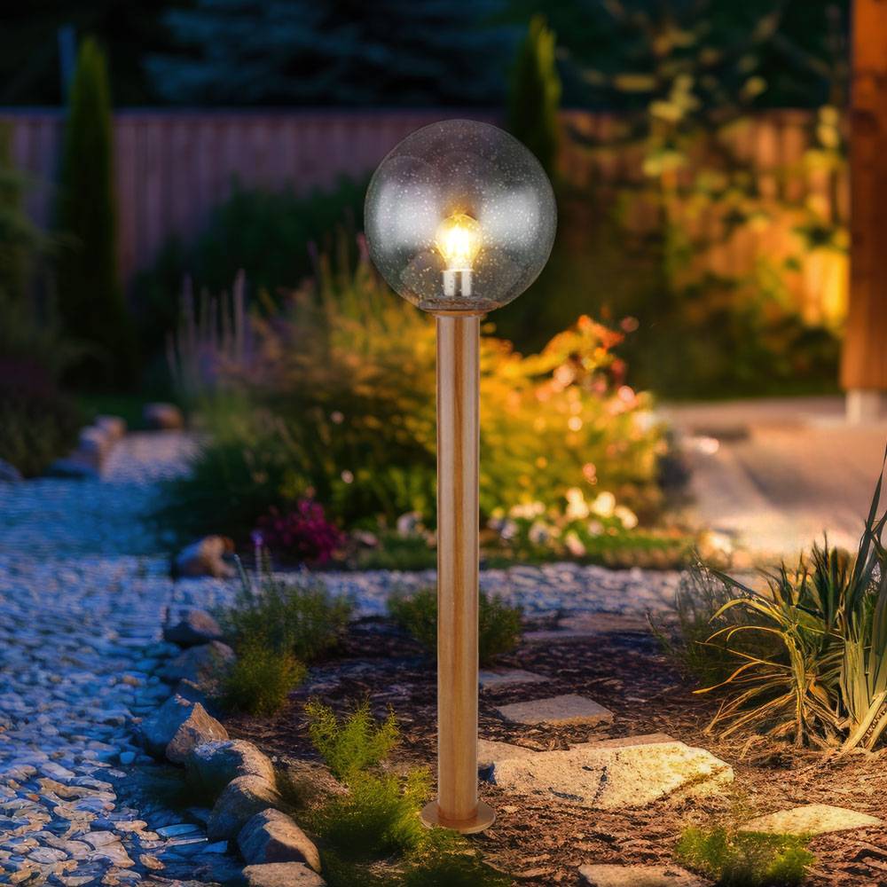 Außenleuchte Stehlampe Gartenleuchte Standleuchte braun Terrassenlampe Wegeleuchte, Aluminium Glas Holzoptik, Kugel, 1xE27, DxH 25x100 cm