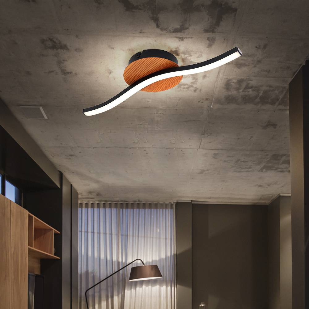 Deckenleuchte Wohnzimmerlampe LED Holz Deckenlampe schwarz Deckenlampe Schlafzimmer, Metall Acryl ,1x LED 6W 500Lm 3000K, LxBxH 39,5x13x7 cm