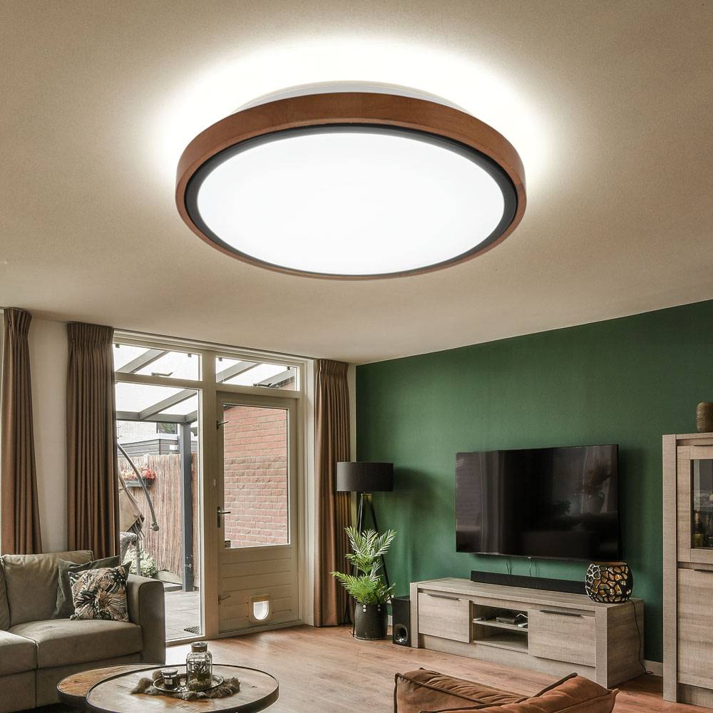 Deckenlampe Deckenleuchte CCT Schlafzimmer Landhausstil Holzleuchte, Holzoptik braun Metall schwarz opal, 1x LED 24W 1000Lm 3000K, 4500K, 6000K