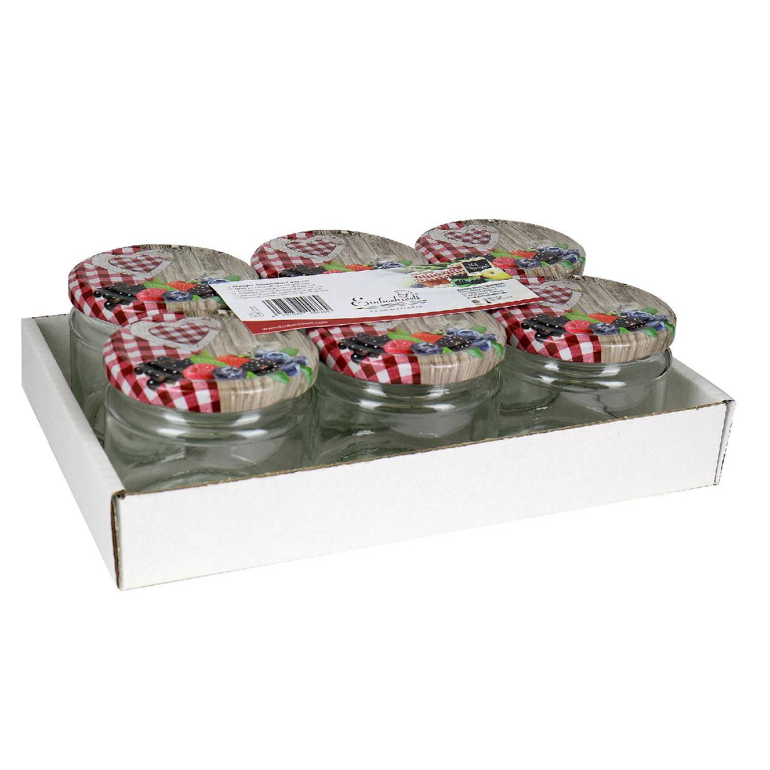 EINKOCHWELT Schraubdeckelglas Sturz 330ml mit 82mm TO-Deckel Holz/Herzdekor Tray, klar (6er Pack)