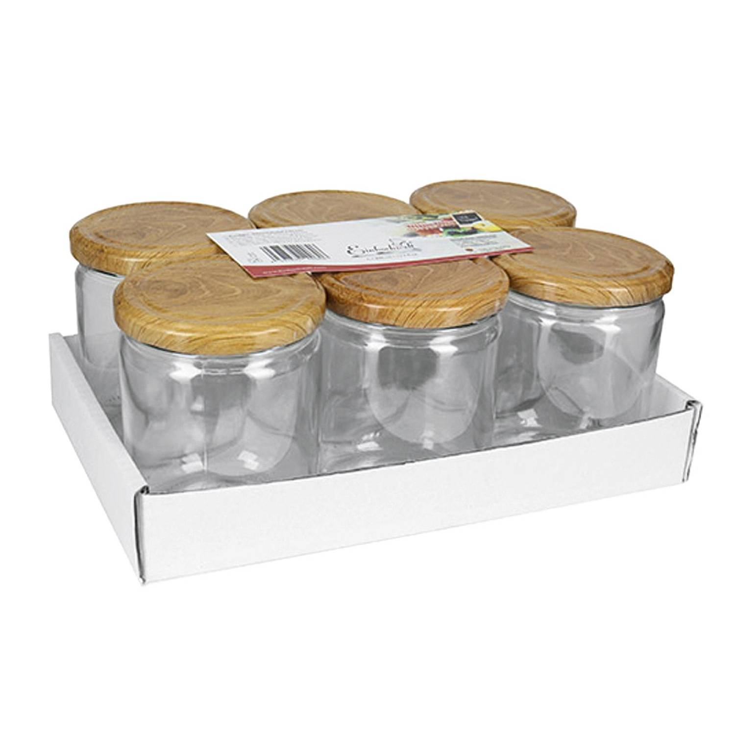 EINKOCHWELT Schraubdeckelglas 446ml mit 82mm TO-Deckel Holz Tray, klar (6er Pack)