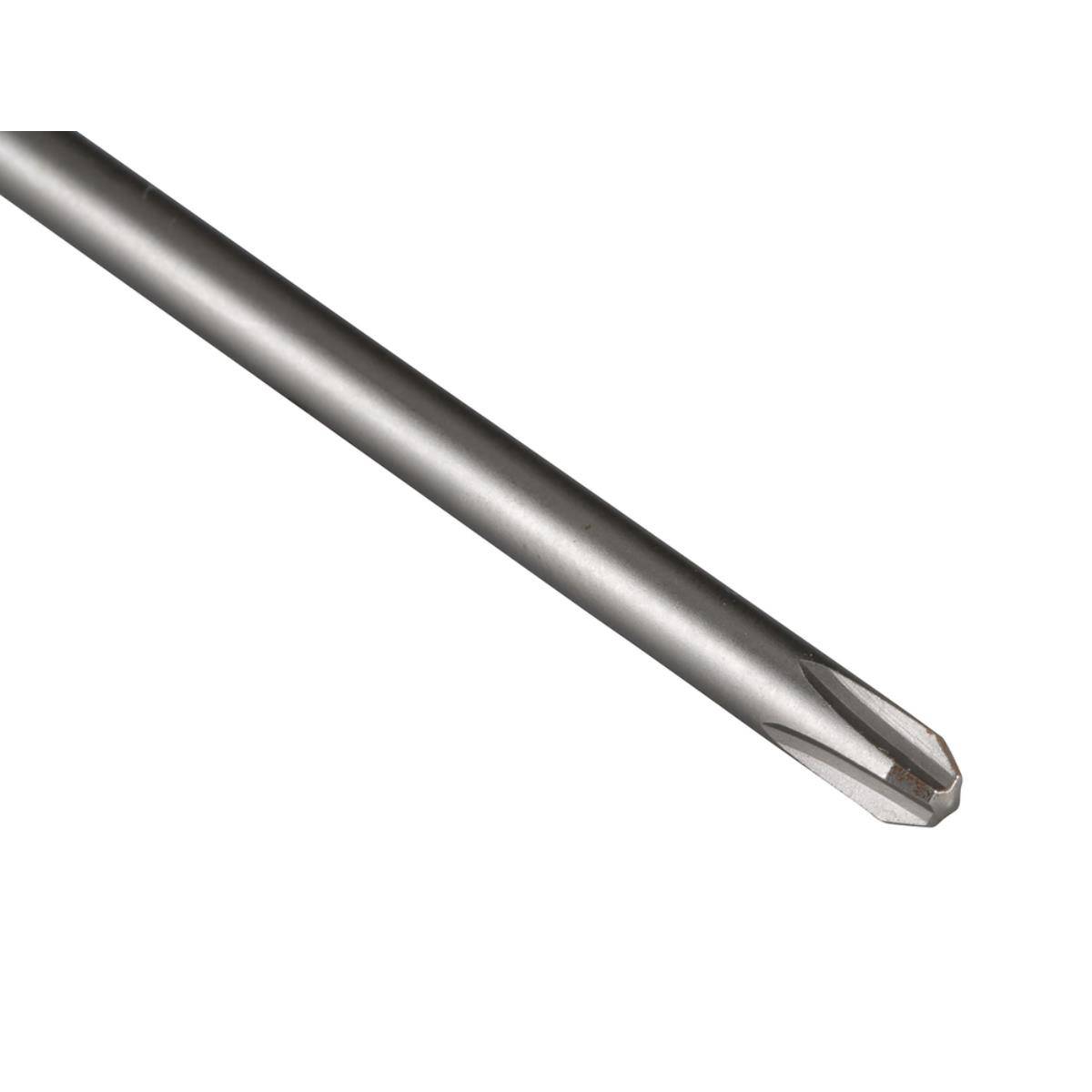 Ein silberfarbenes Metallschraubendrehereinsatz mit einer Phillips-ähnlichen Spitze auf weißem Hintergrund.