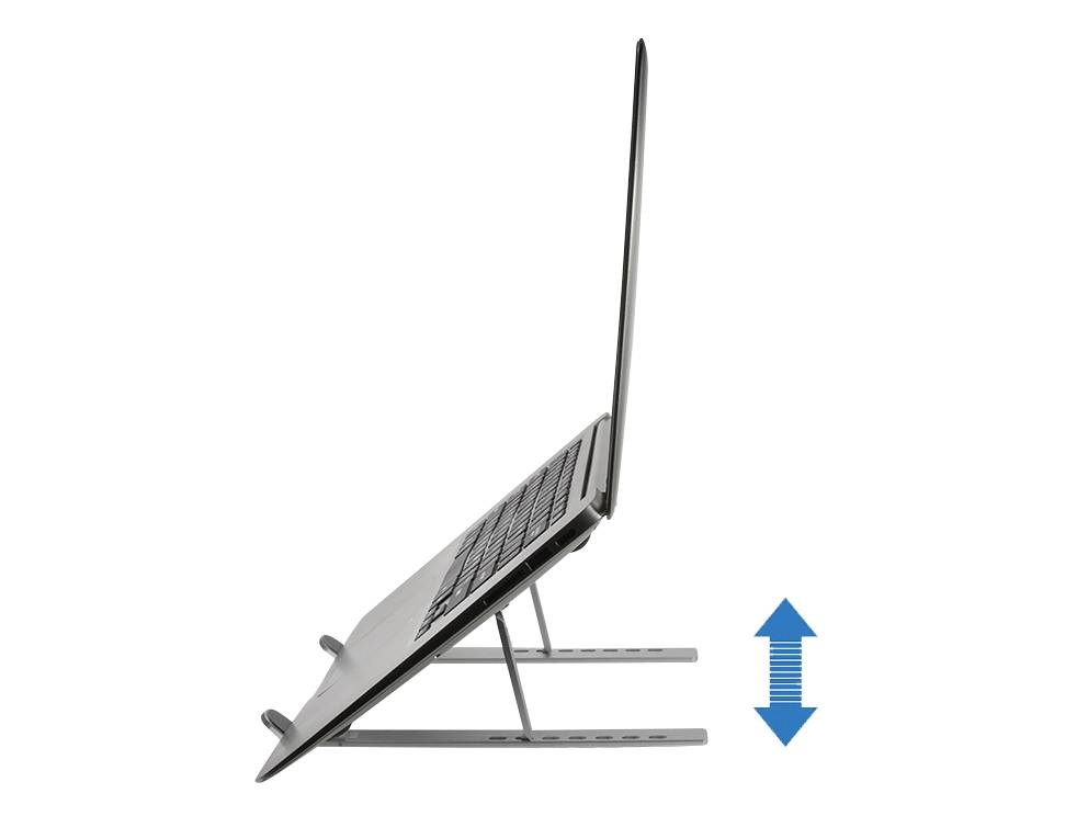 Seitenansicht eines offenen Laptops auf einem Ständer mit einem blauen Pfeil nach oben und unten, der die einstellbare Höhe oder den Neigungswinkel zeigt.
