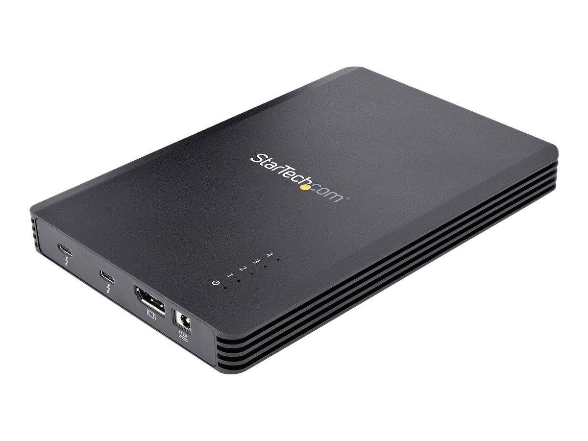 Black StarTech.com externe Festplattengehäuse mit USB- und Stromanschlüssen sowie Statuslichtern an der vorderen Kante.