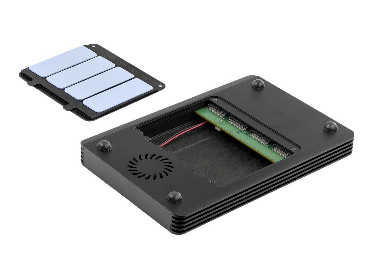 Schwarzes Elektronik-Gehäuse mit abnehmbarem Deckel aus Solarpanel und sichtbarem internen Akku/Schaltkreis, auf weißem Hintergrund getrennt gezeigt.