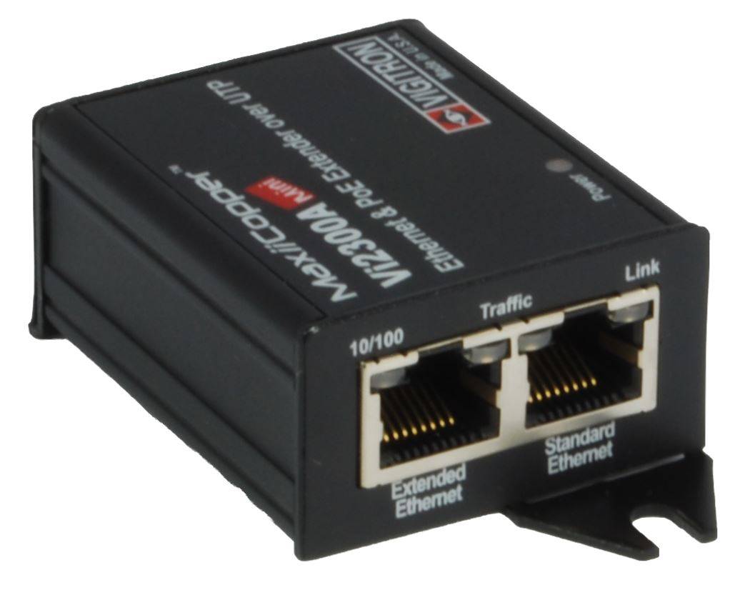 Black MaxxCopper V1200A Ethernet-Leitungsadapter mit zwei RJ45-Anschlüssen mit den Bezeichnungen Extended Ethernet und Standard Ethernet.
