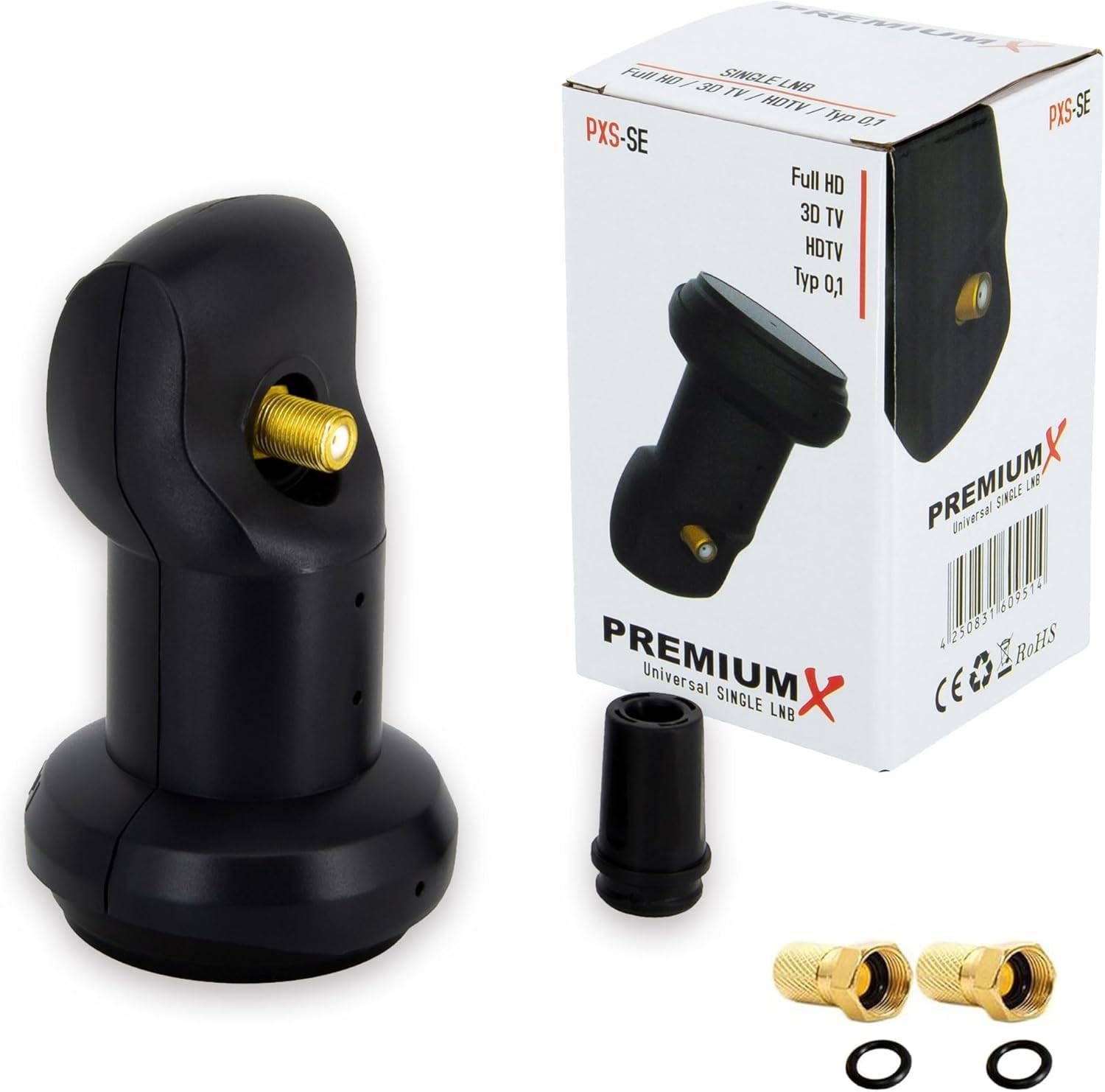 Premium X Single LNB - 1Fach - für 1 Teilnehmer - 4K Full HD - mit Wetterschutz und LTE Filter + 2X F-Stecker für Satellitenschüssel Digital TV Fer
