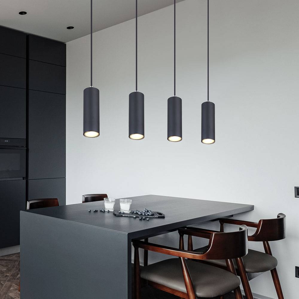 Hängelampe Pendelleuchte schwarz Deckenlampe 4-flammig Esstisch Schlafzimmerleuchte hängend, Metall matt, 4xGU10 Fassungen Metall, LxBxH 65x6x120 cm