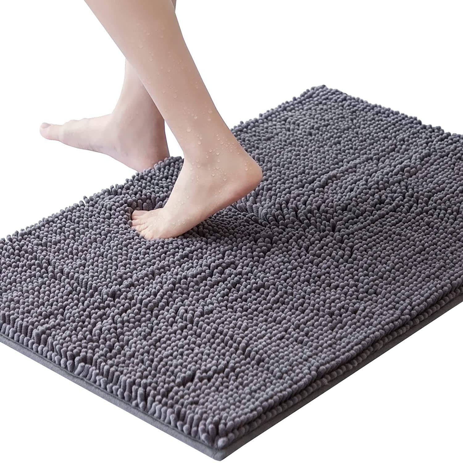 Lifewit 50x76cm extra weiche, saugfähige Shaggy Badematte aus Chenille, rutschfest für Bad, Wanne und Dusche Grau