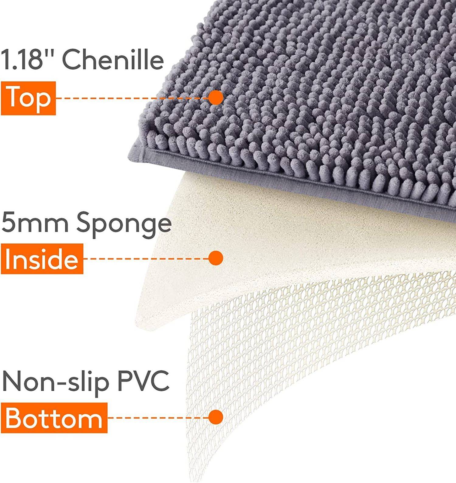 Lifewit 50x76cm extra weiche, saugfähige Shaggy Badematte aus Chenille, rutschfest für Bad, Wanne und Dusche Grau