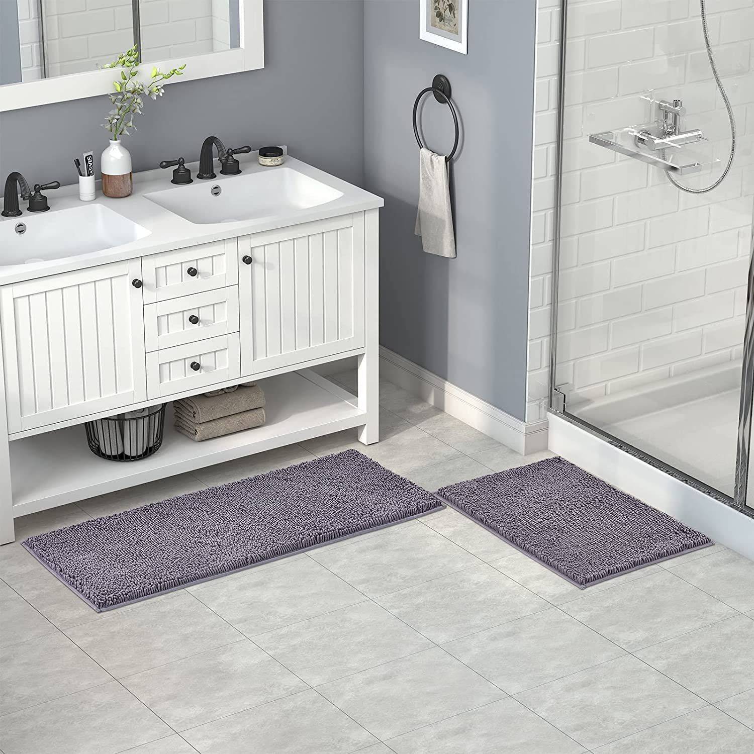 Lifewit 50x76cm extra weiche, saugfähige Shaggy Badematte aus Chenille, rutschfest für Bad, Wanne und Dusche Grau