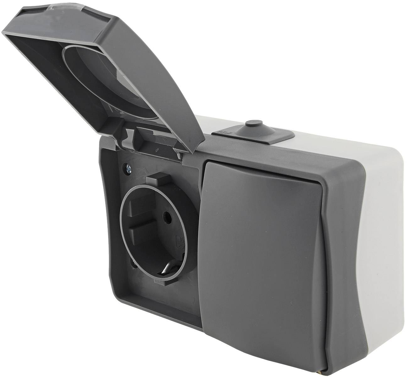 ChiliTec Steckdose Schalter Kombination Aufputz IP54 Waagerecht Feuchtraum Horizontal 250V Grau